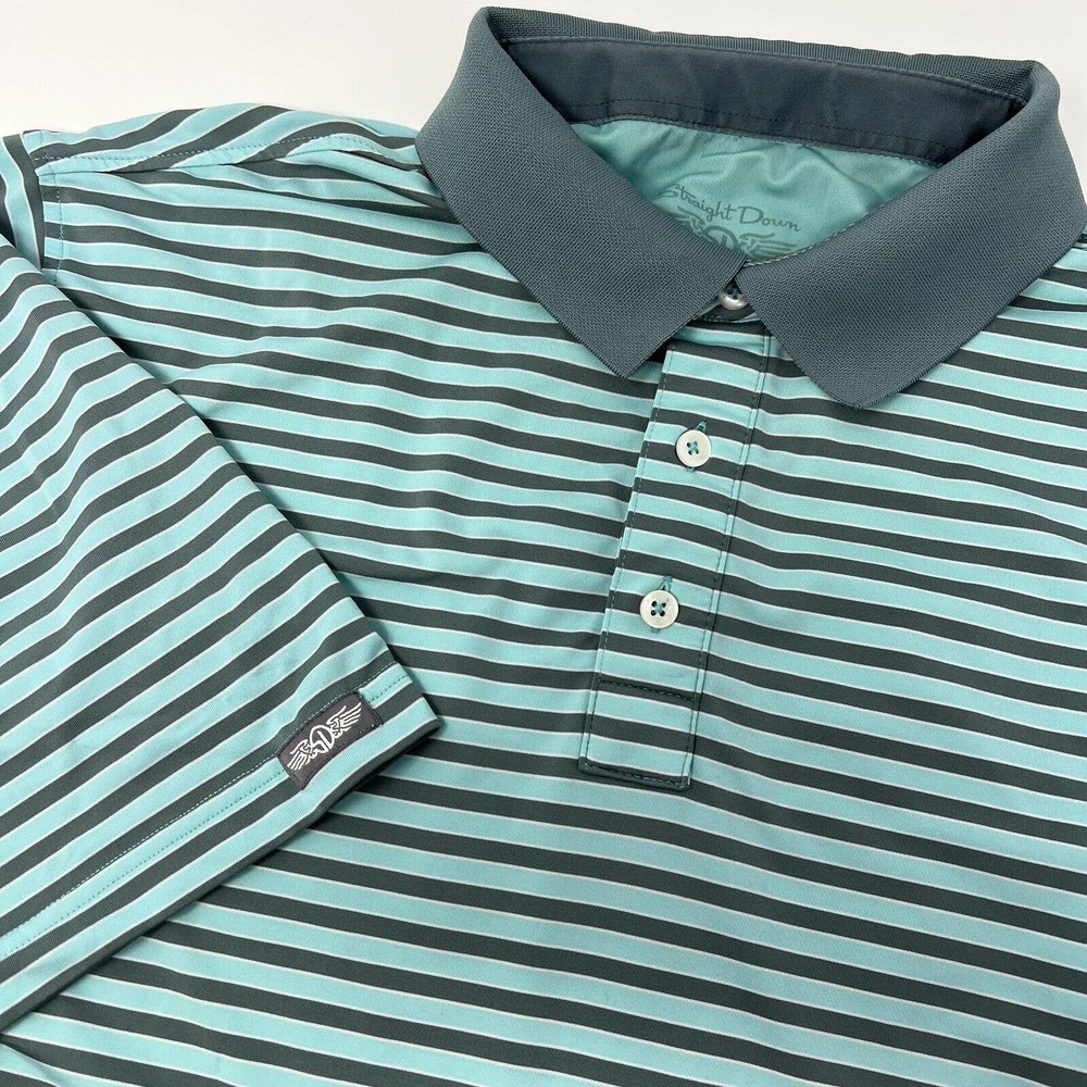 Straight Down Mens‎ Large Performance Golf Polo Heather Blue Gray Striped